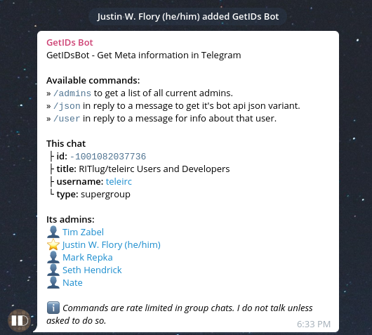 Screenshot of sample message when adding @getidsbot to a group